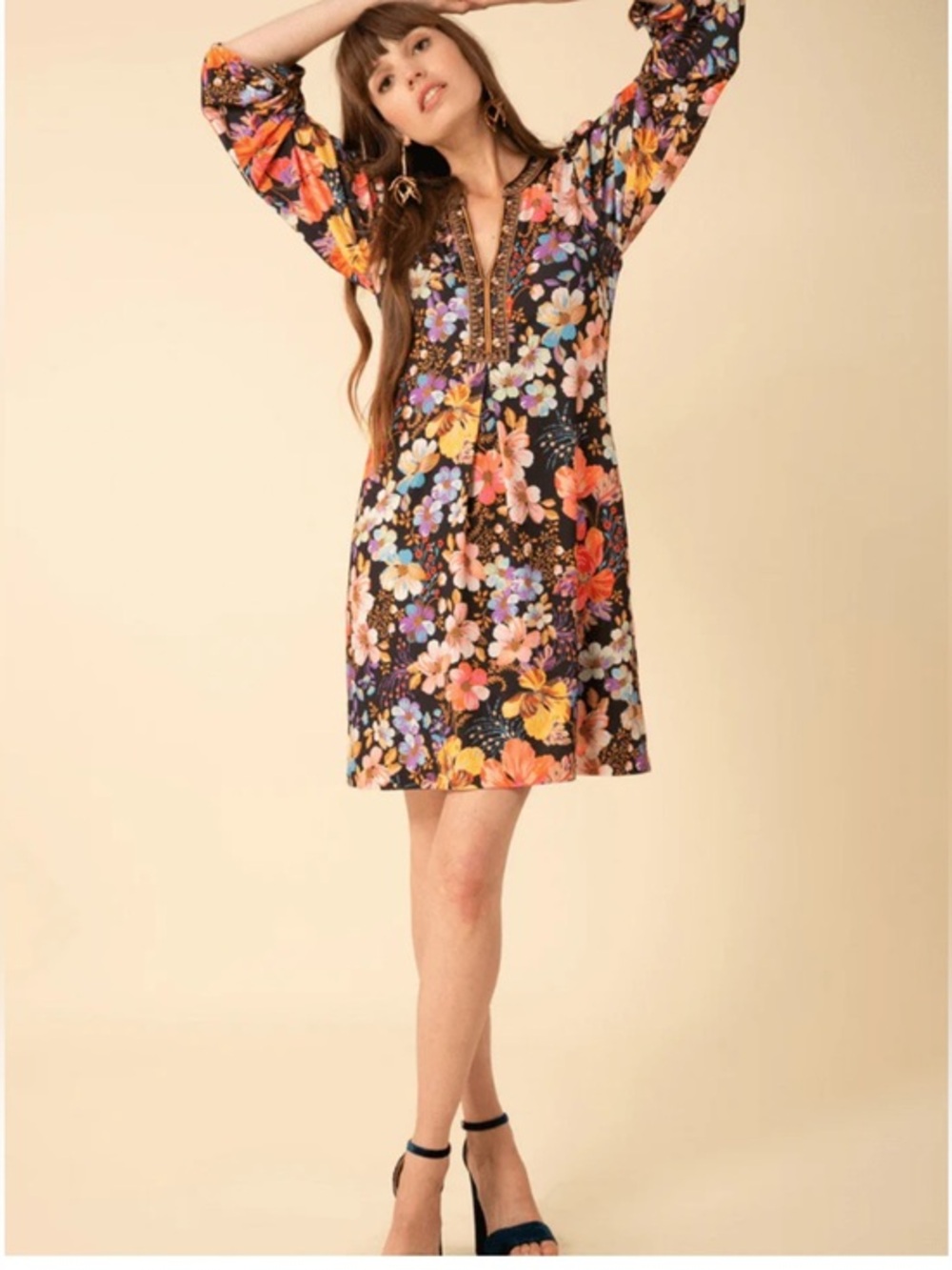 Hale Bob Louna Floral Mini Dress NWT Long Sleeve Boho Luxe Size Small - Picture 1 of 14
